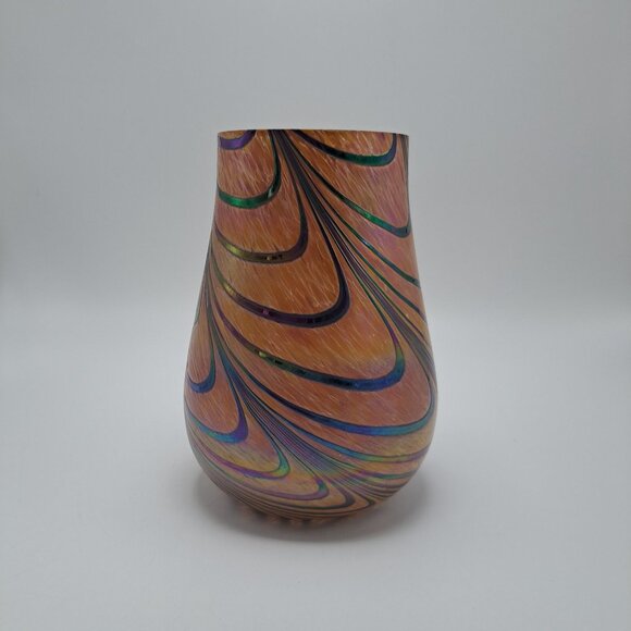 Brown Pulled Feather Iridescent Art Glass Vase - Picture 6 of 8